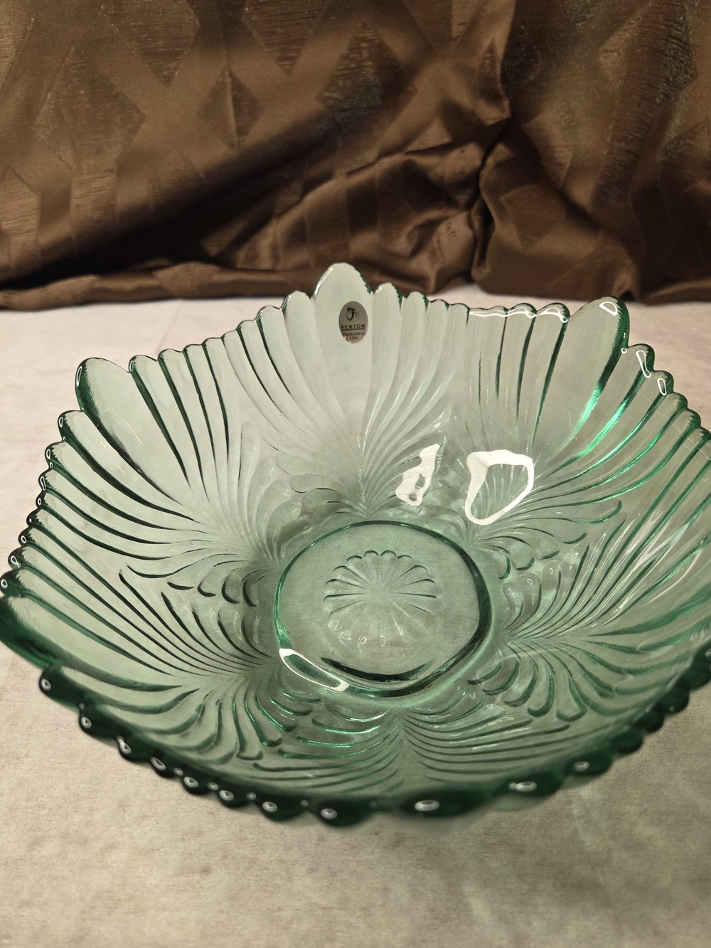 Vintage Fenton Green Scalloped Edge Glass Bowl